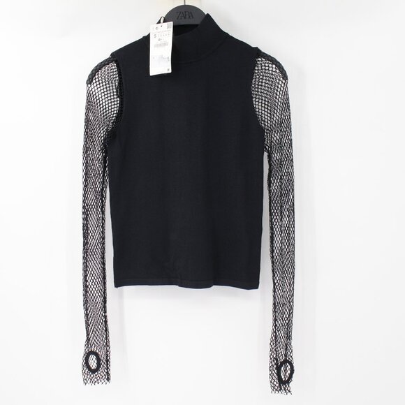 Zara Sweaters - NWT ZARA Sweater Women Small Black Knit Lace Long Sleeve Mock Neck viscose nylon
